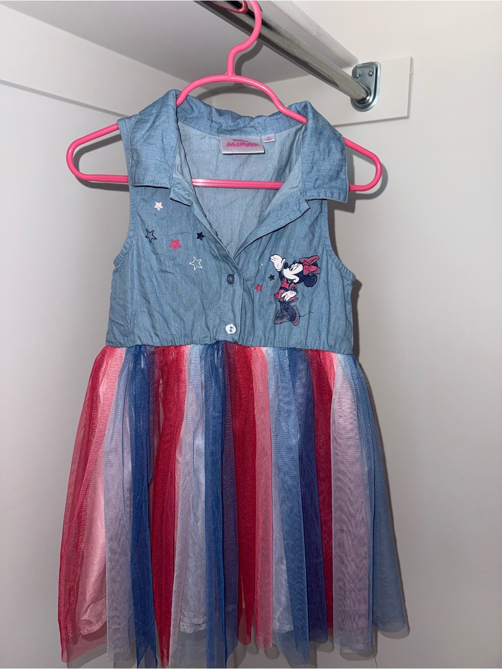 Disney Blue Denim-Style Minnie Mouse Dress with Red, Pink & Navy Tulle